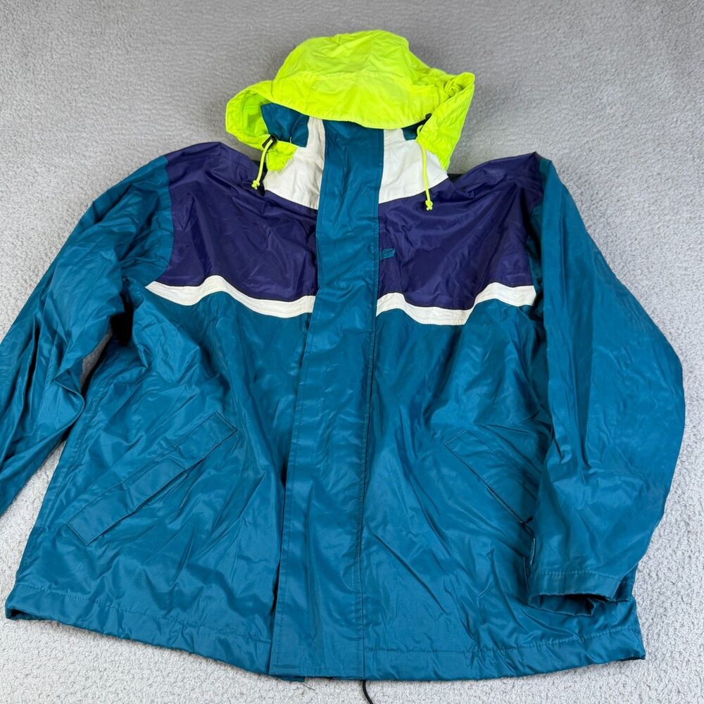 NORTH ATLANTIC TRADING CO Jacket L Blue Yellow Hoodie Rain Slicker Coat Vintage